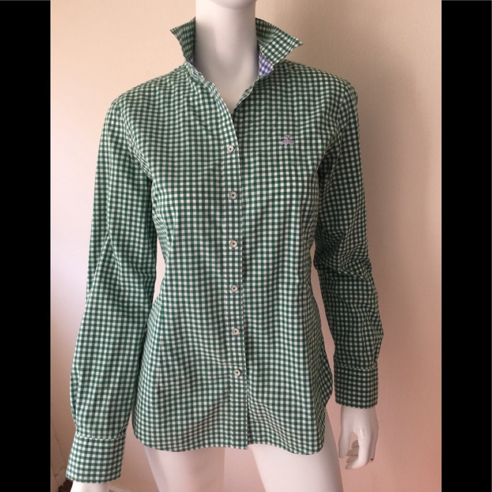 EUC Brooks Brothers green & white check cotton blouse